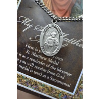Pewter Saint Matthew Medal Pendant, 15 x 24mm Oval, Stainless Steel Chain & Biography