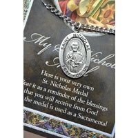 Pewter Saint Nicholas Medal Pendant, 15 x 24mm Oval, Stainless Steel Chain & Biography