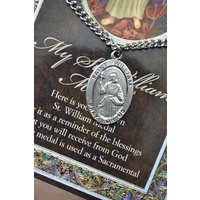 Pewter Saint William Medal Pendant, 15 x 24mm Oval, Stainless Steel Chain & Biography