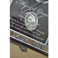 Pewter Saint Gerard Medal Pendant, 15 x 24mm Oval, Stainless Steel Chain & Biography