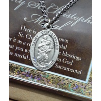 Pewter Saint CHRISTOPHER Medal Pendant, 15 x 24mm Oval, Stainless Steel Chain & Biography