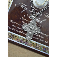 My Four Way Pewter Saint Medal 25 x 22mm, Stainless Steel Chain, Biography Card