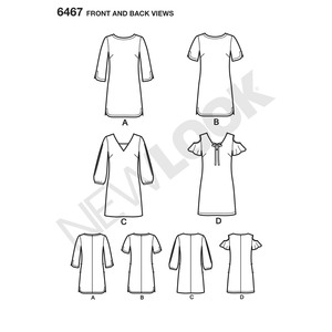 New Look Pattern 6467 Misses' Shift Dresses with Neckline, Sleeve, and Hem Variations