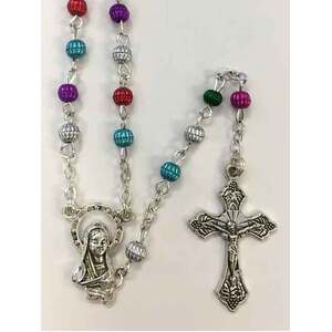 MultiColoured Metal Rosary, 3mm Beads, Madonna Centrepiece, Cross Box, Made In Italy