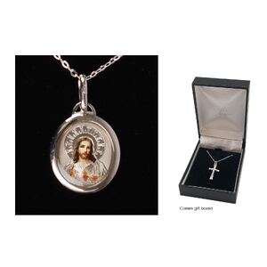 Sterling Silver SACRED HEART OF JESUS Coloured Medal Pendant and Chain, Gift Boxed