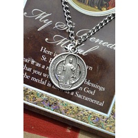 Pewter Saint BENEDICT Medal Pendant, 15 x 24mm Oval Pendant, Stainless Steel Chain & Biography