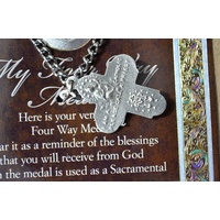My Four Way Pewter Saint Medal 25 x 22mm, Stainless Steel Chain, Biography Card