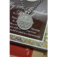 Pewter Saint BENEDICT Medal Pendant, 15 x 24mm Oval Pendant, Stainless Steel Chain & Biography
