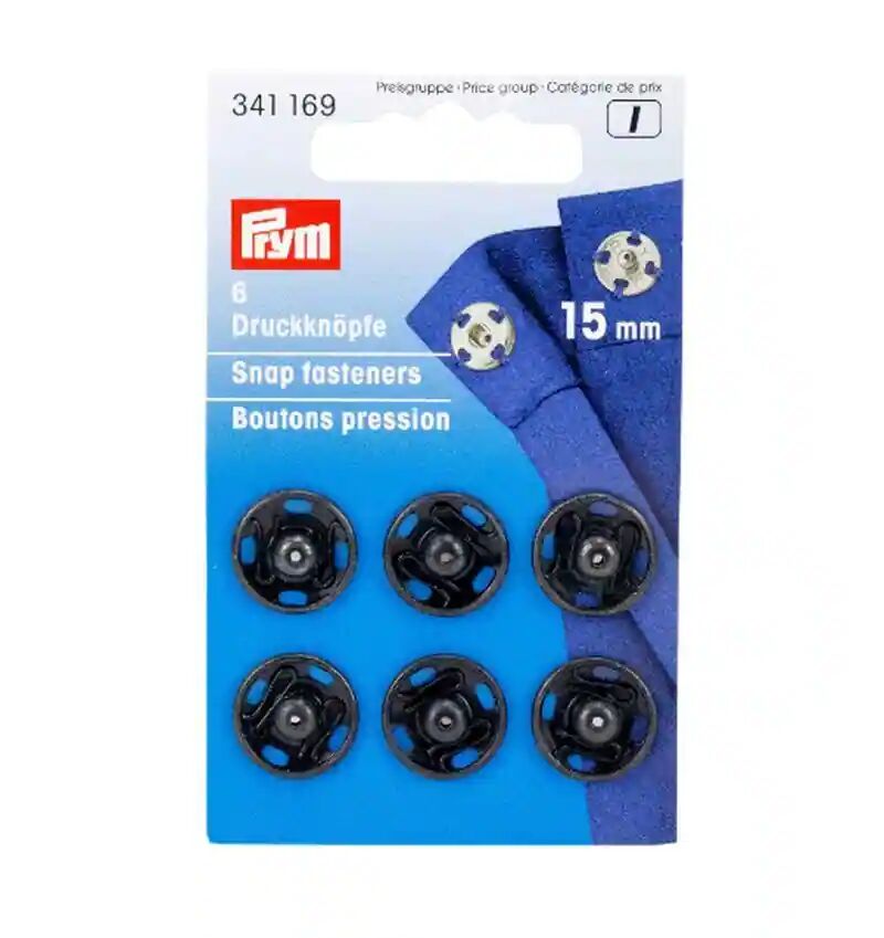 PRYM Anorak Black Press Fasteners Refill – 15mm, Brass, 390 327, FREE P&P