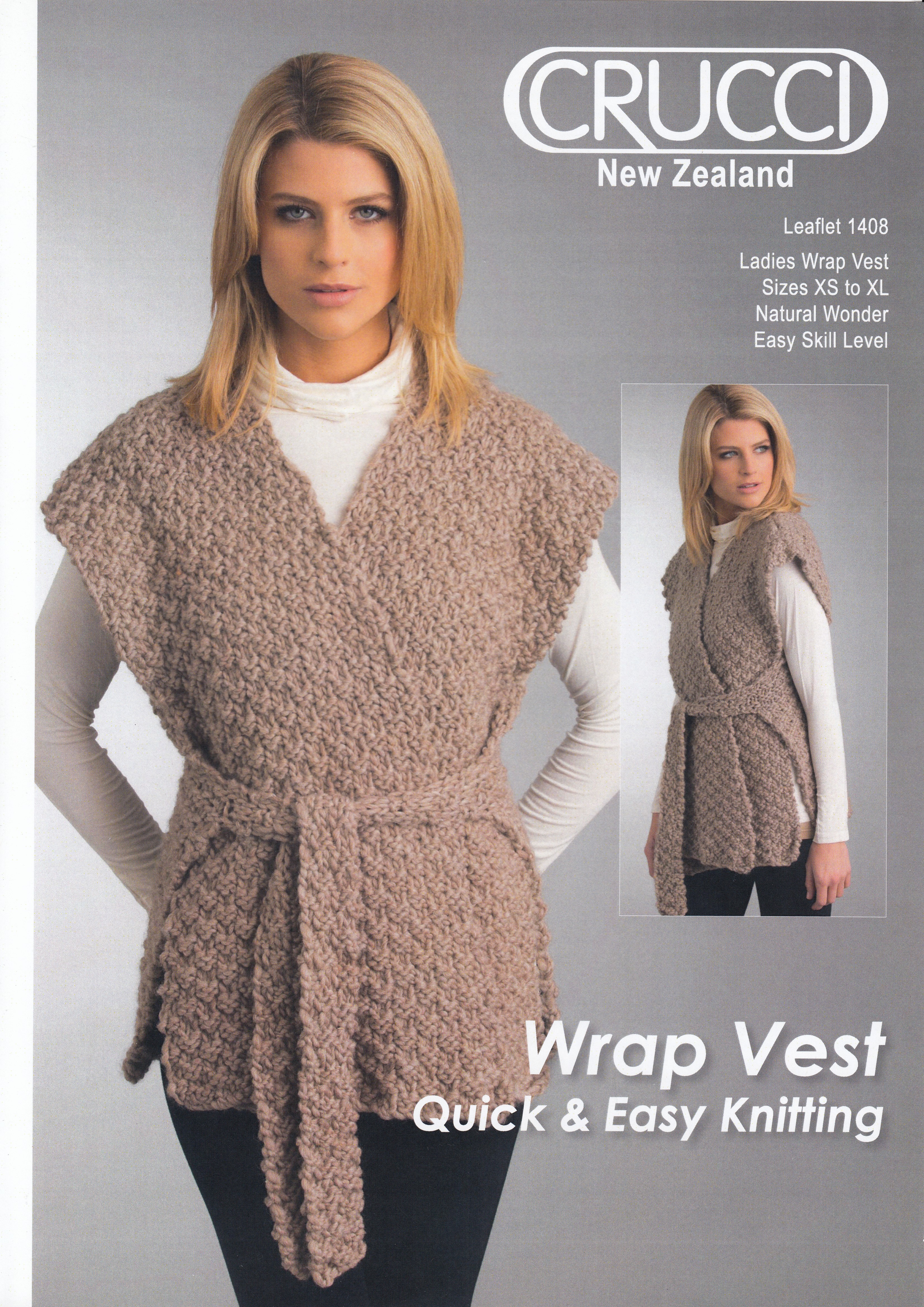 Crucci Knitting Pattern 1408, Ladies Wrap Vest, Sizes XS to XL, For Crucci  Natural Wonder
