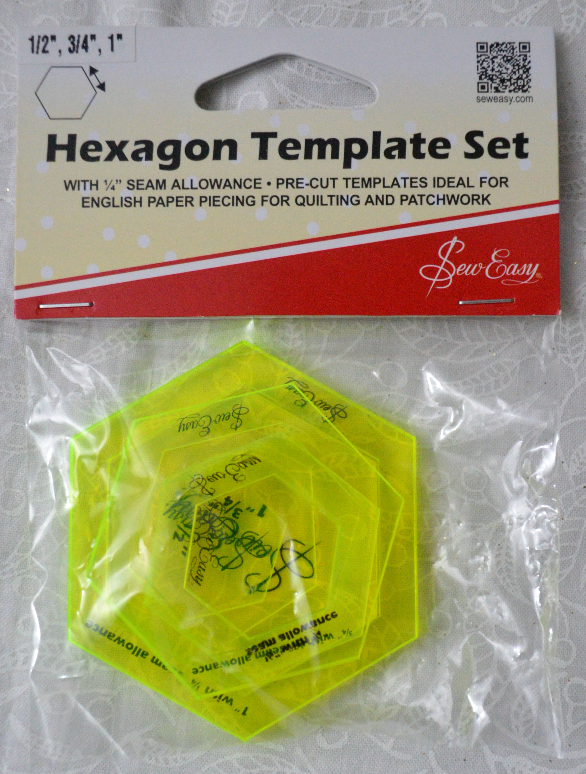 Hexagon Quilting Template Set, 5 inch, 6 inch, 7 inch, 8 inch with 1/4 inch Seam Allowance