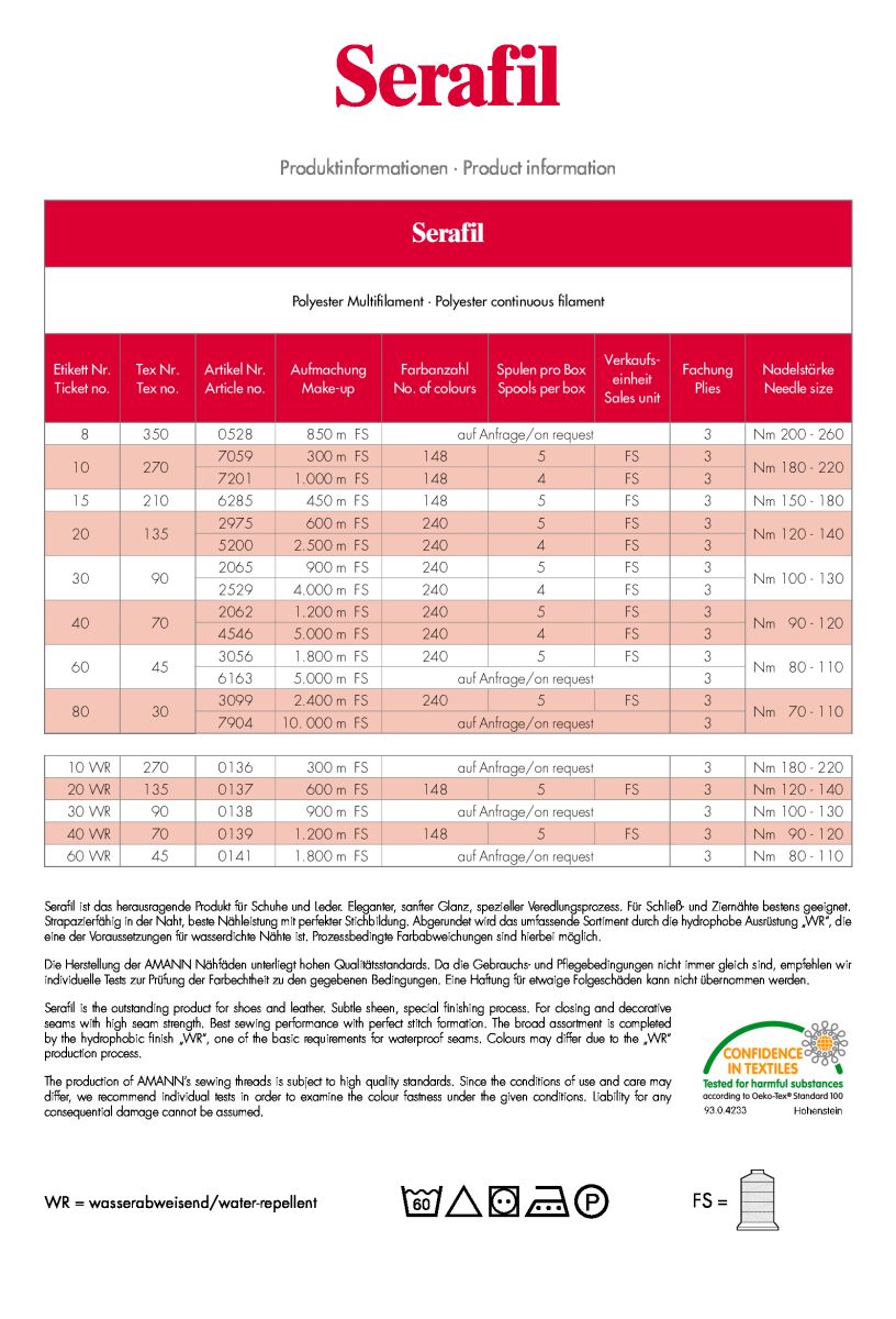 The Amann Group Serafil Polyester Multifilament | Polyester Continuous Filament Thread Card Page 6