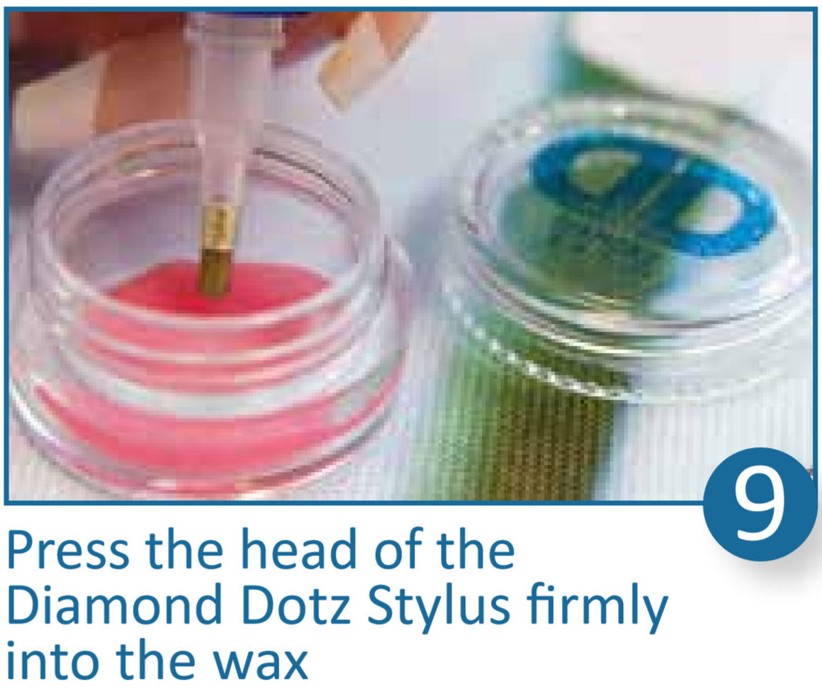 Diamond Dotz Instructions - Press the head of the Diamond Dotz stylus firmly into the wax