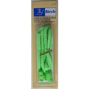 Birch Cord and Toggle Pack For Jackets, 1.5m Cord &amp; 2 Spring Toggles, FLURO LIME