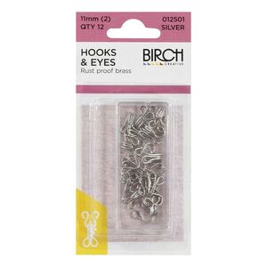 Birch 11mm SILVER Hooks and Eyes, 12 sets, Rust Proof