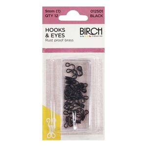 Birch 9mm BLACK Hooks and Eyes, 12 sets, Rust Proof