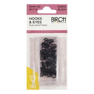 Birch 12mm BLACK Hooks and Eyes, 12 sets, Rust Proof