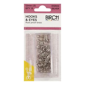 Birch 12mm SILVER Hooks and Eyes, 12 sets, Rust Proof