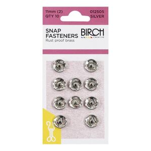 Birch 11mm Press Studs (Snap Fasteners), Silver Colour, 10 Sets, Sew-In