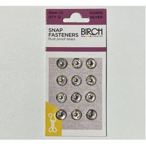 Birch 9mm Press Studs (Snap Fasteners), Silver Colour, 12 Sets, Sew-In