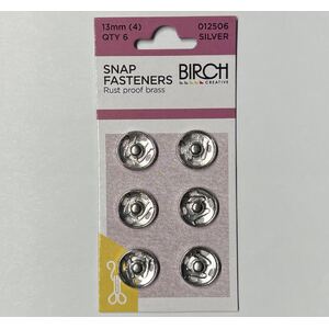 Birch 13mm Press Studs (Snap Fasteners), Silver Colour, 6 Sets, Sew-In