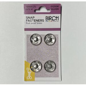Birch 15mm Press Studs (Snap Fasteners), Silver Colour, 4 Sets, Sew-In