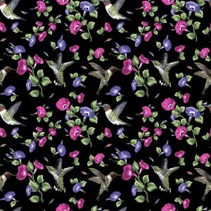 Hummingbird Song, BLACK 110cm Wide Cotton Fabric (0172-1012)