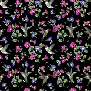 Hummingbird Song, BLACK 110cm Wide Cotton Fabric (0172-1012)