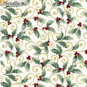Winter Elegance Holly Scroll Metallic NATURAL 110cm Wide Cotton Fabric (0190-3309)