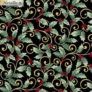 Winter Elegance Holly Scroll Metallic BLACK 110cm Wide Cotton Fabric (0190-3312)