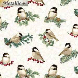 Winter Elegance Winter Chickadees NATURAL 110cm Wide Cotton Fabric (0190-4409)