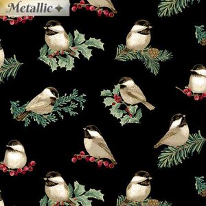 Winter Elegance Winter Chickadees BLACK 110cm Wide Cotton Fabric (0190-4412)