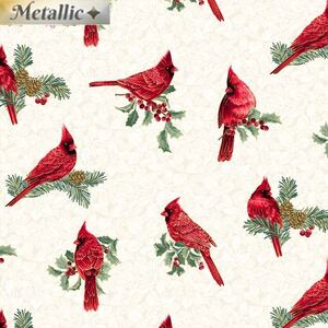 Winter Elegance Winter Cardinals NATURAL 110cm Wide Cotton Fabric (0190-4509)