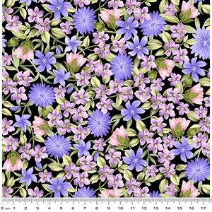 Spring Breeze, Springtime Flowers Black, Cotton Fabric 110cm Wide (0202-9112)