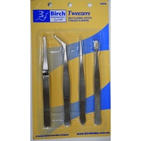 Birch Tweezers Set Of 4, Self Closing, Offset, Straight &amp; Wafer