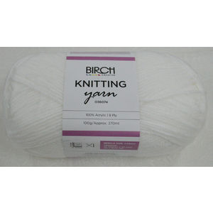 Birch Creative 100% Acrylic Knitting Yarn, 8 Ply 100g Ball (Approx. 270m), WHITE