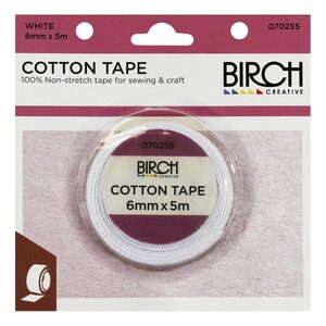 Birch Cotton Tape 6mm x 5 Metres WHITE Non-Stretch 100% Cotton
