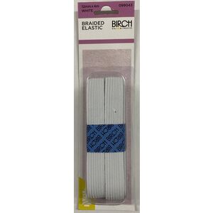 Birch Braided Elastic Hank, 12mm x 4m WHITE, 100% Polyester