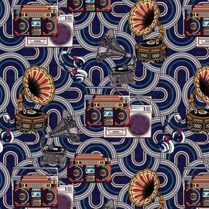 Retro Music Gramophones, 112cm Wide 100% Cotton Fabric (Per 25cm)