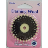 Hemline Darning Wool, 20 metres, BLACK, Strong yarn for darning socks, pullovers, jumpers etc.