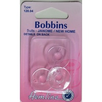Hemline Bobbins Plastic Type 120.04 Janome, New Home, Pack of 3, See Pack For Machine Details