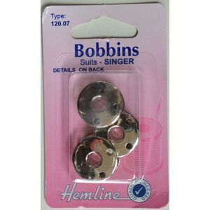 Hemline Bobbins, Singer Metal Class 66K Bobbin 120.07, Pack of 3 Machine Bobbins