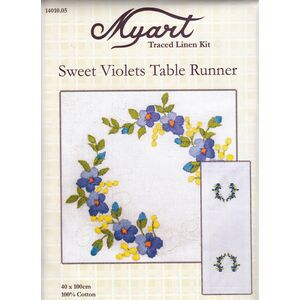 SWEET VIOLETS Table Runner Traced Linen Embroidery Kit 40 x 100cm, 14010.05