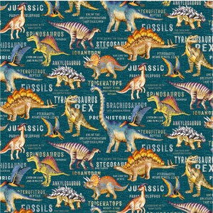 Dinosaurs Dinosaurs DINOSAURS LAND TEAL 110cm wide Cotton Fabric 2091/11144T