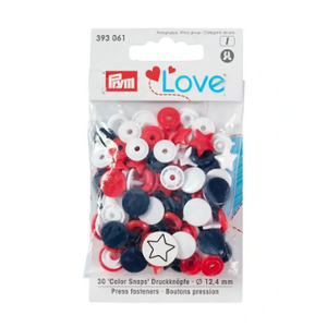 Prym Love Colour Snap Fasteners Star, 12.44mm, Red/White /Navy Blue