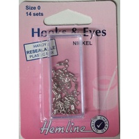Hemline Rustproof Brass Hooks &amp; Eyes, Nickle, Size 0, 14 Sets, Silver Colour, Re-Usable Box