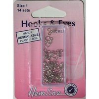 Hemline Rustproof Brass Hooks & Eyes, Nickle, Size 1, 14 Sets, Silver Colour, Re-Usable Box
