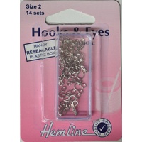 Hemline Rustproof Brass Hooks &amp; Eyes, Nickle, Size 2, 14 Sets, Silver Colour