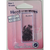 Hemline Rustproof Brass Hooks &amp; Eyes, Black, Size 1, 14 Sets