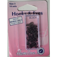 Hemline Rustproof Brass Hooks & Eyes, Black, Size 3, 14 Sets